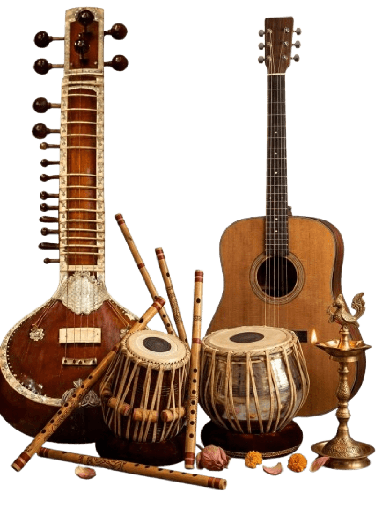 Musical instruments — tanpura, tabla, sitar, diya